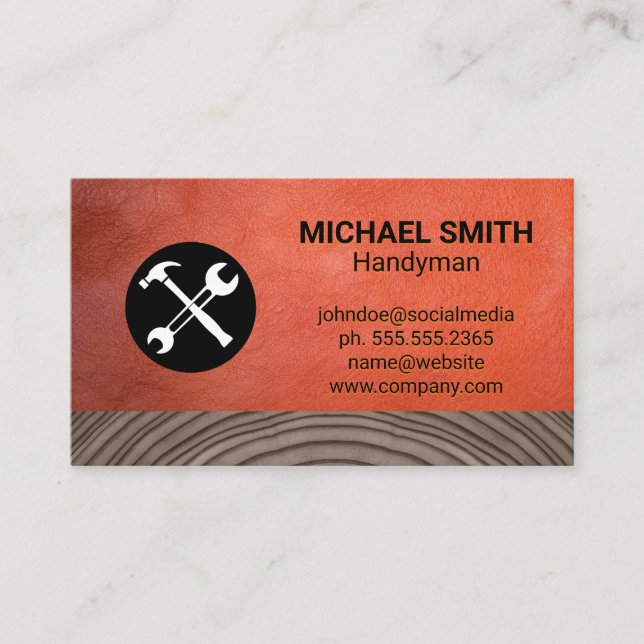 Hardware Tools | Construction | Wood Leather Business Card (Front)
