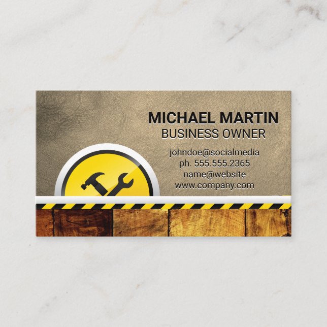 Hardware Tools | Construction | Wood Leather Business Card (Front)