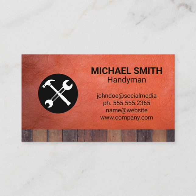 Hardware Tools | Construction | Wood Leather Business Card (Front)