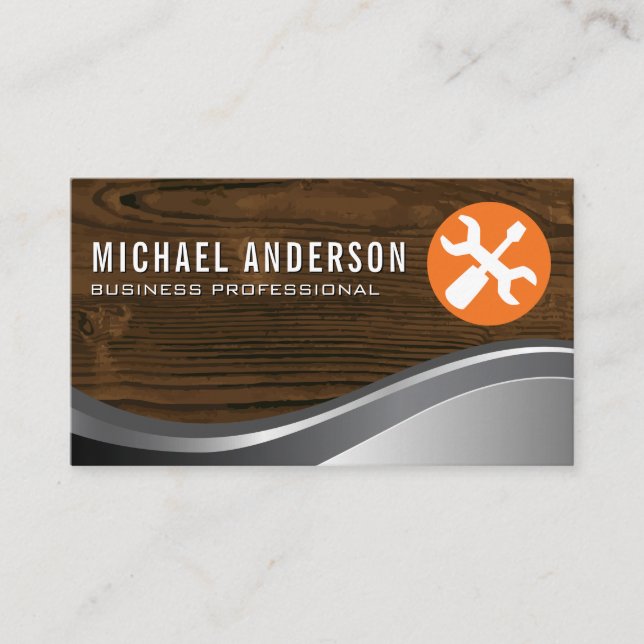 Hardware Tools | Wood Grain | Metal Business Card (Front)