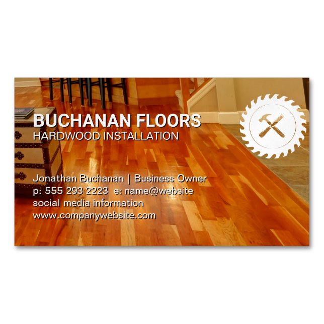 Hardwood Floors and Tiles | Saw and Hammer Logo Magnetic Business Card (Front)