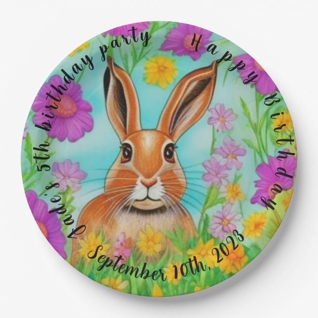 Hare birthday party paper plates, editable text. plate (Front)