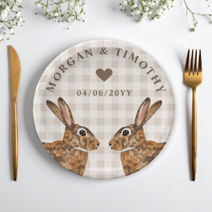 Hare Bunny Heads With Names And Date Wedding Paper Plate