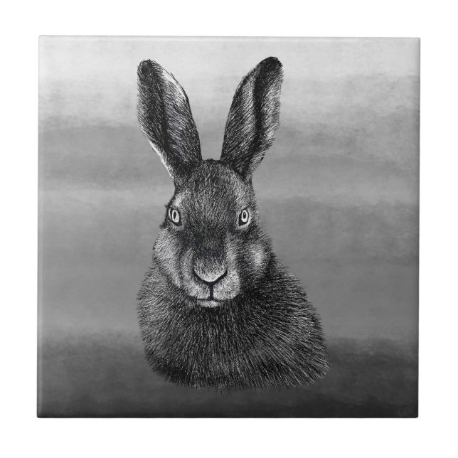 Hare drawing black and white  tile (Front)