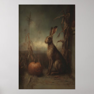 Hare Rabbit Beside Pumpkins At Rustic Doorway Poster