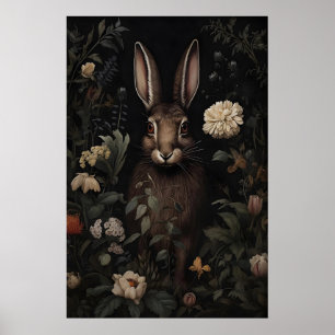 Hare Rabbit Floral Moody Forest Print, Dark Poster
