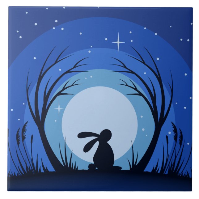 Hare, Rabbit, Moonlight Silhouette Tile (Front)