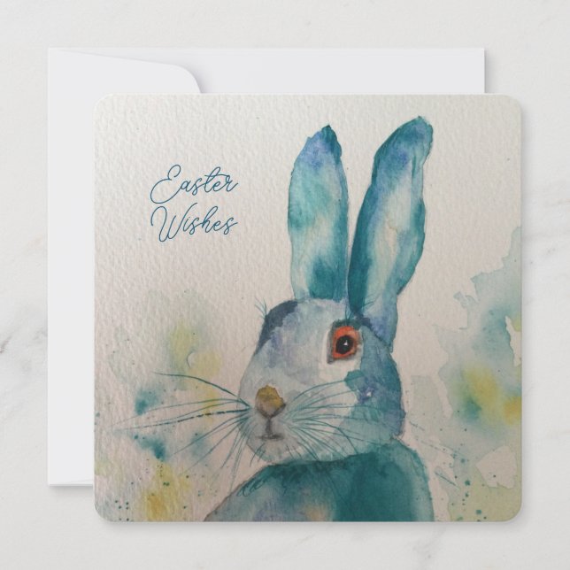 Hare Rabbit Watercolour Blue Easter Card (Front)