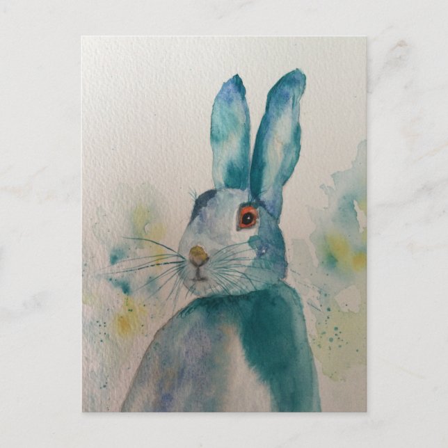 Hare Rabbit Watercolour Blue Postcard (Front)