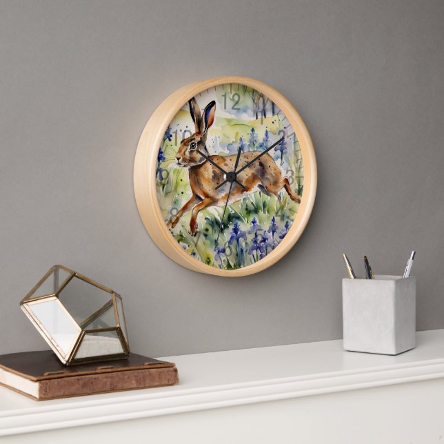 Hare running through bluebells clock (Office)