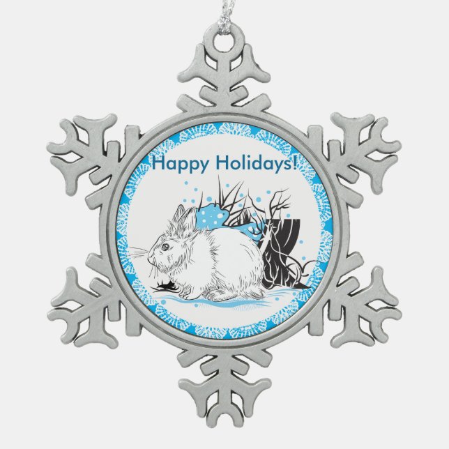 Hare Snowflake Pewter Christmas Ornament (Front)