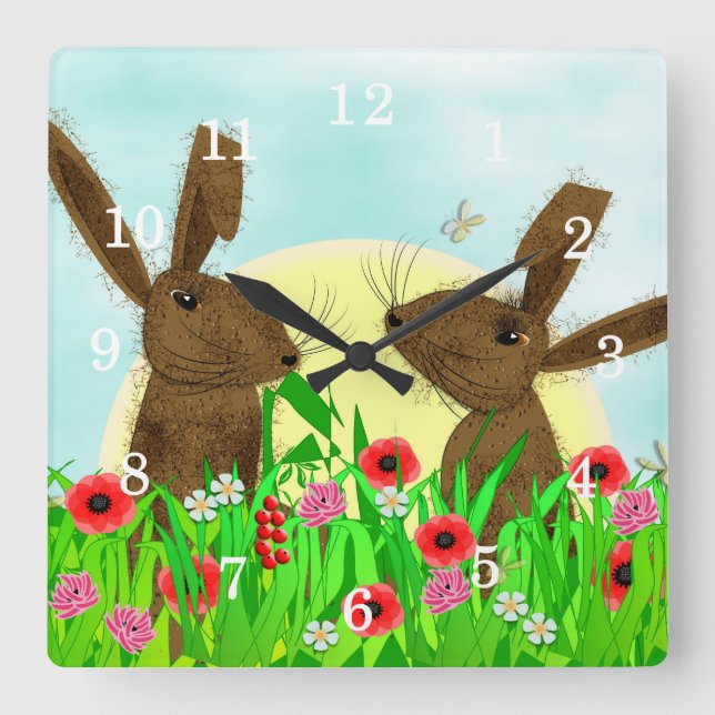 Hare Whimsical Cute Animals Square Wall Clock (Front)