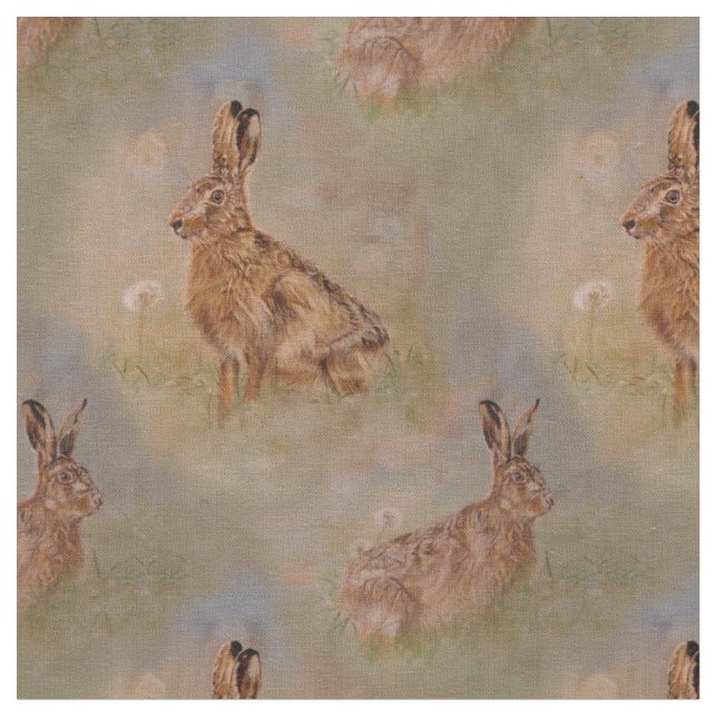 Hares and dandelions painting fabric (Close Up)