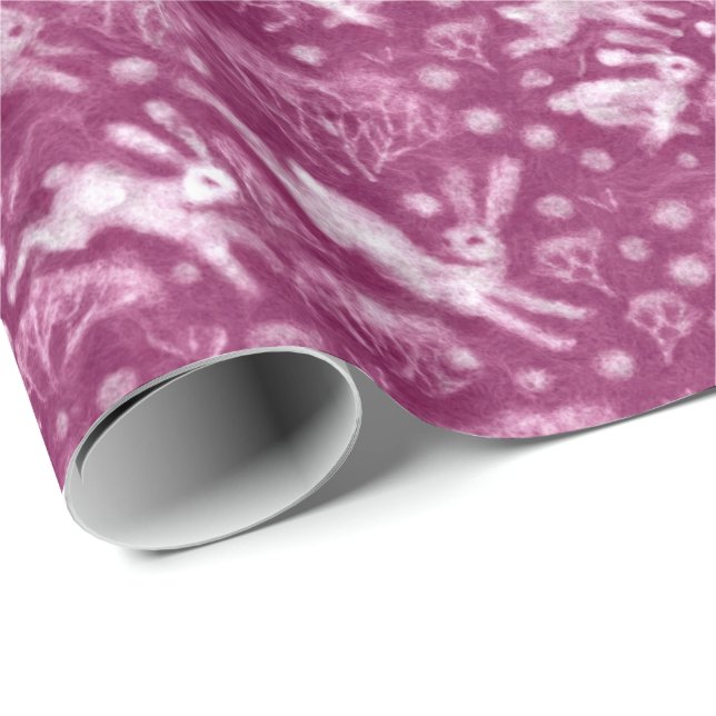 Hares Field Bunnies Rabbits Winter Pattern Fuchsia Wrapping Paper (Roll Corner)