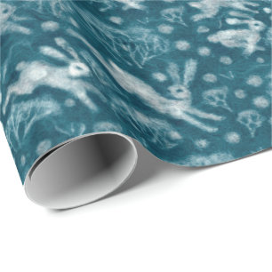 Hares Field Bunnies Rabbits Winter Pattern Teal Wrapping Paper