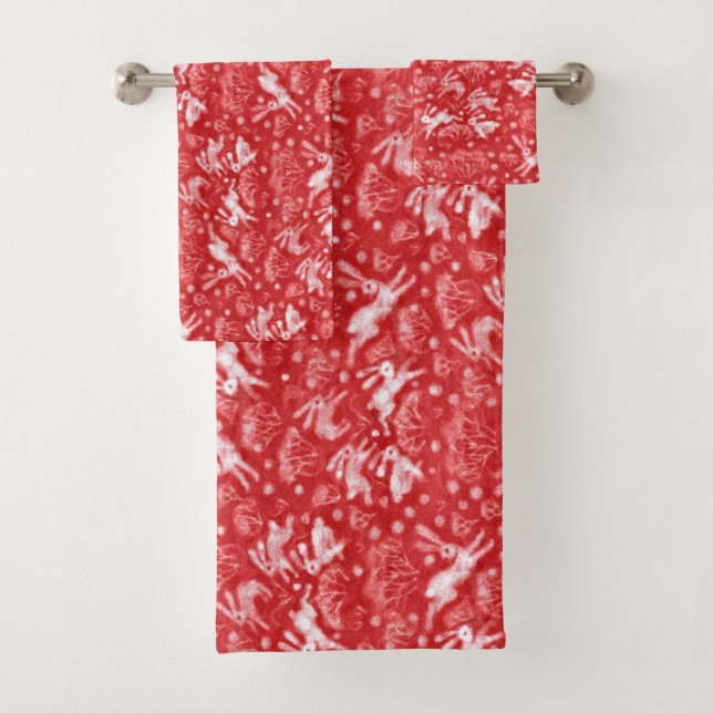 Hares Snow Field Bunnies Rabbit Winter Pattern Red Bath Towel Set (Insitu)