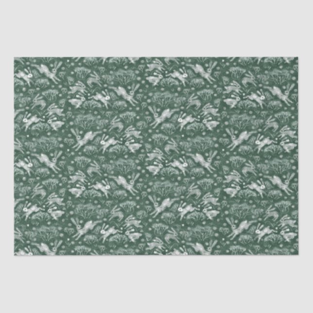 Hares Snow Field White Rabbit Winter Pattern Green Tissue Paper (Front)