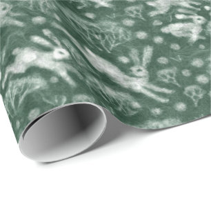 Hares Snow Field White Rabbit Winter Pattern Green Wrapping Paper