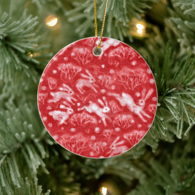 Hares Snow Field White Rabbits Winter Animals Red Ceramic Tree Decoration (Tree)