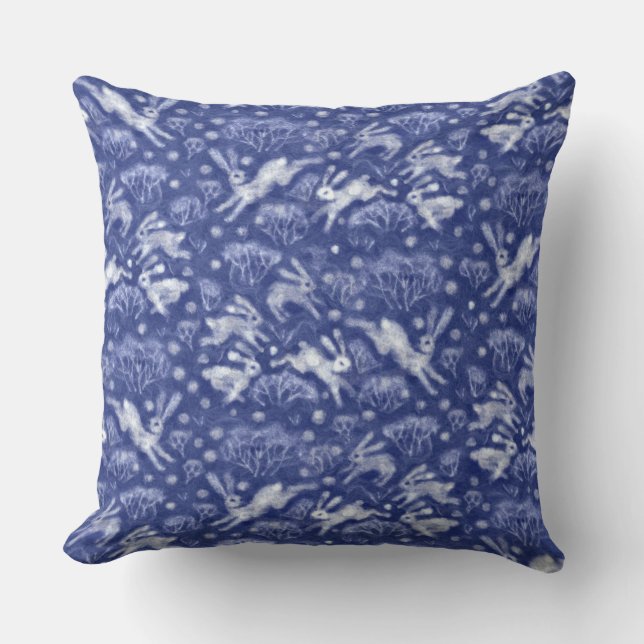 Hares Snow Field White Rabbits Winter Pattern Blue Cushion (Front)