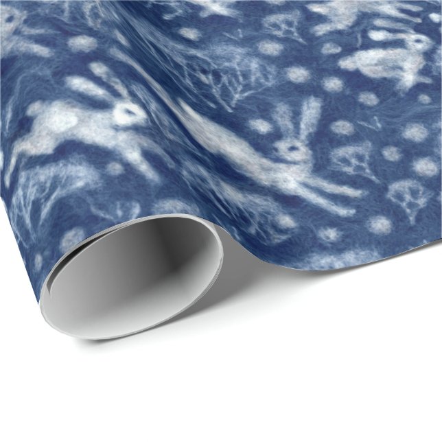 Hares Snow Field White Rabbits Winter Pattern Blue Wrapping Paper (Roll Corner)