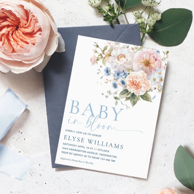 Hargrove Blue Floral Baby In Bloom Baby Shower Invitation (Creator Uploaded)