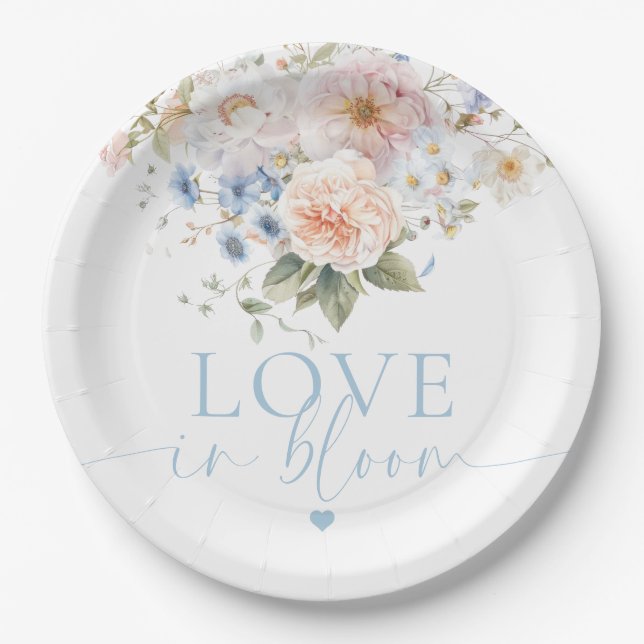Hargrove Blue Floral Love In Bloom Bridal Shower Paper Plate (Front)