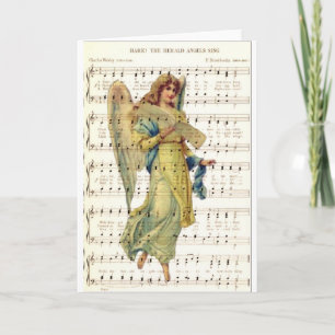 Hark the angels sing on vintage music sheet holiday card