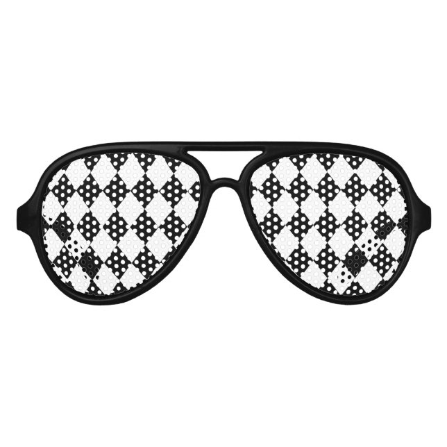 Harlequin Diamond Pattern Black White Mardi Gras Aviator Sunglasses (Front)
