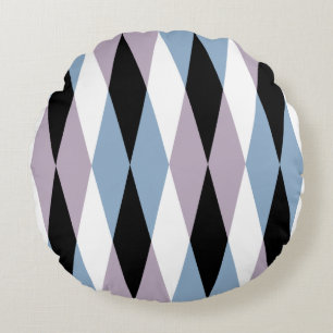 Harlequin Diamond Pattern - Blue and Dusty Lilac Round Cushion