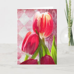 Harlequin greeting card, hot pink tulips card