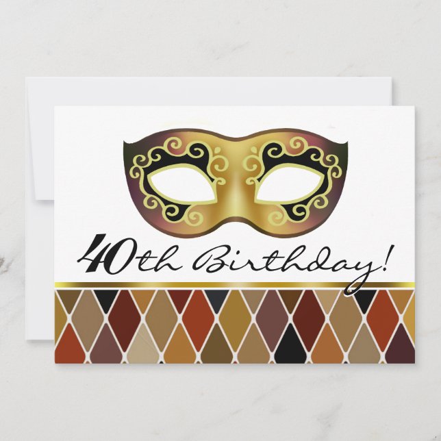 Harlequin Masquerade 40th Birthday Party (taupe) Invitation (Front)