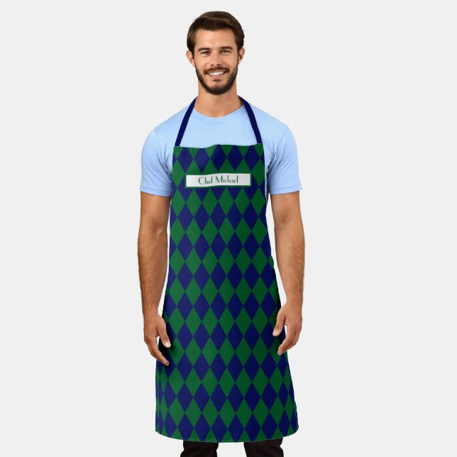 Harlequin Pattern DIY Colours Green Navy SV Apron (Worn)