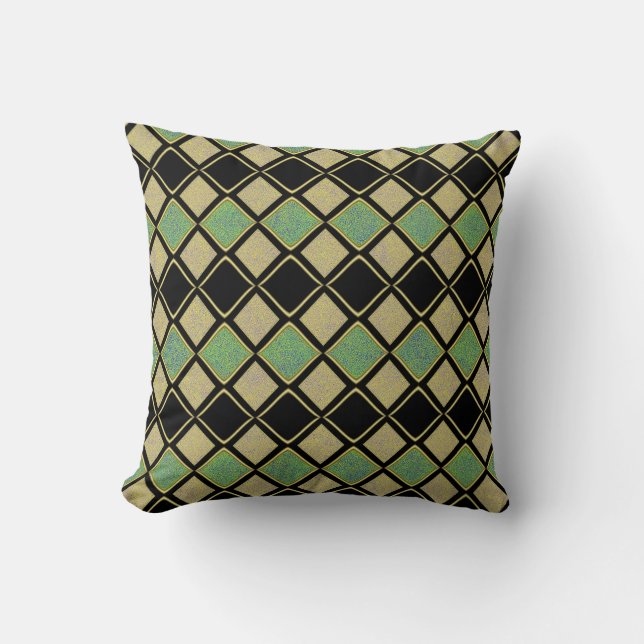 Harlequin Pattern in Gold, Green, and Black  Cushion (Front)