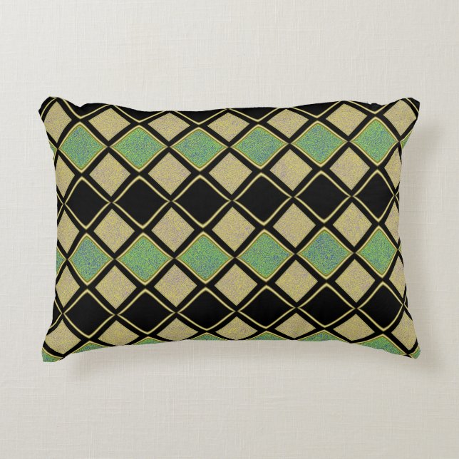 Harlequin Pattern in Gold, Green, and Black  Decorative Cushion (Front)