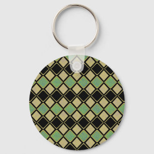 Harlequin Pattern in Gold, Green, and Black Key Ring