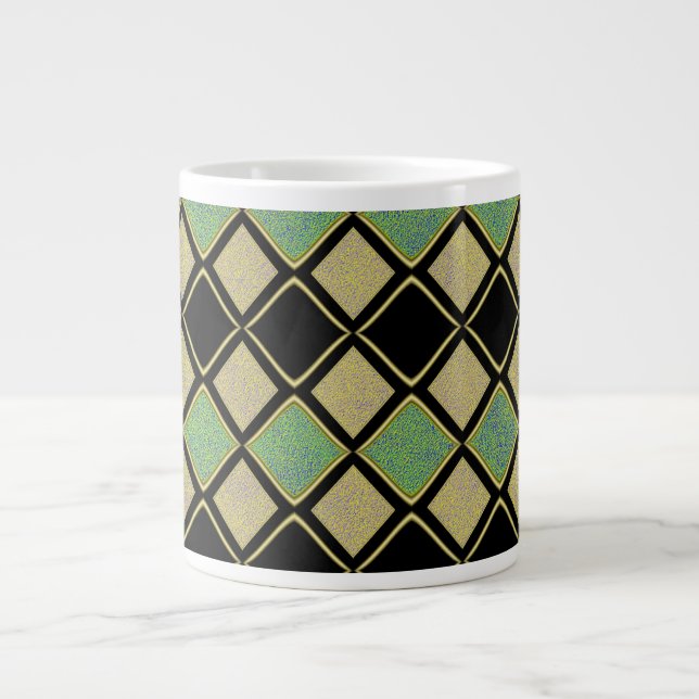Harlequin Pattern in Gold, Green, and Black  Large Coffee Mug (Front)