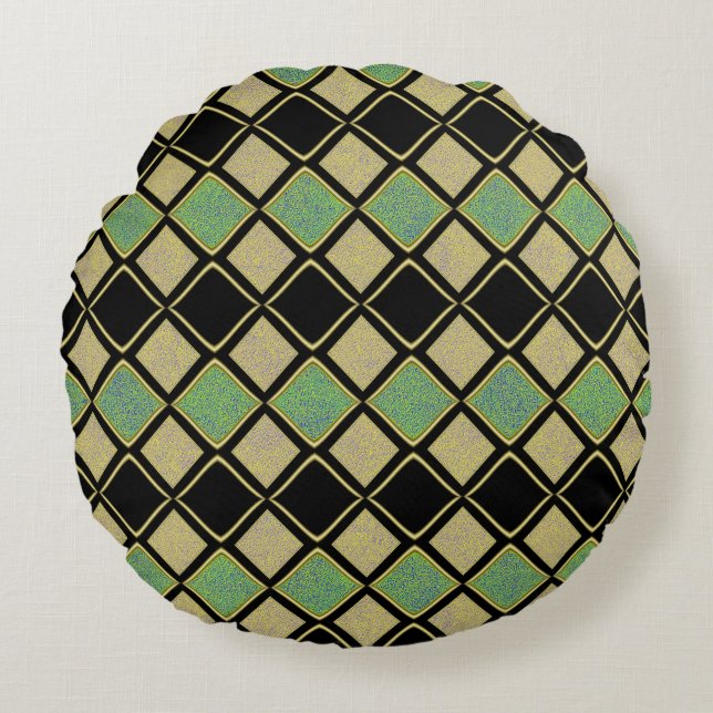 Harlequin Pattern in Gold, Green, and Black  Round Cushion (Front)