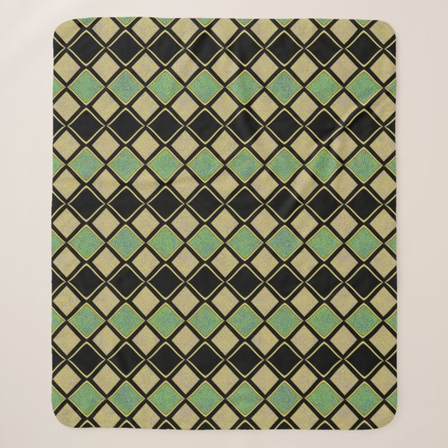 Harlequin Pattern in Gold, Green, and Black  Sherpa Blanket (Front)