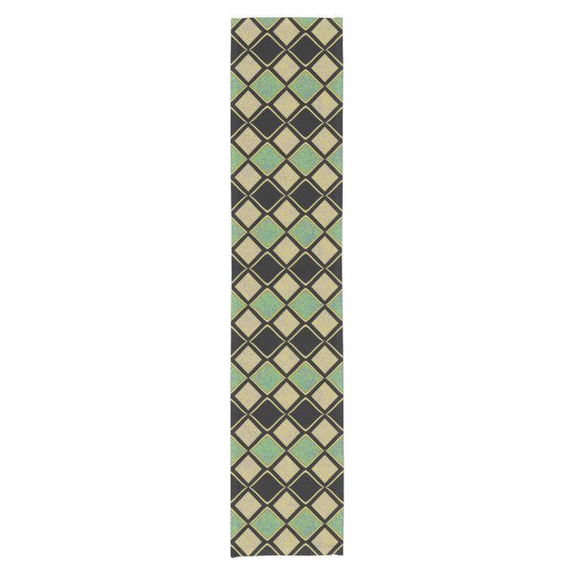 Harlequin Pattern in Gold, Green, and Black  Short Table Runner (Front)