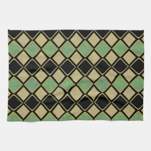 Harlequin Pattern in Gold, Green, and Black Tea Towel