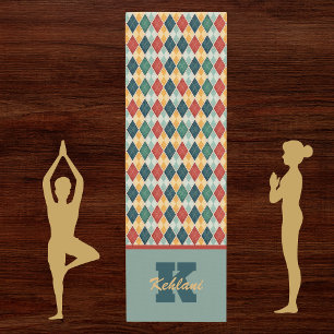 Harlequin Retro Red Gold Green Monogram Argyle Yoga Mat