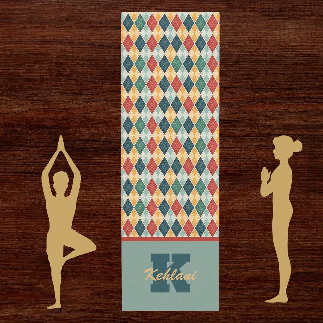 Harlequin Retro Red Gold Green Monogram Argyle Yoga Mat (Creator Uploaded)