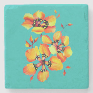 Harlequin Sparaxis Tricolor Watercolor Flowers Stone Coaster