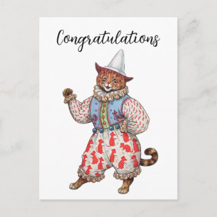Harlequin Theatrical Costumed Cat Congratulations Postcard