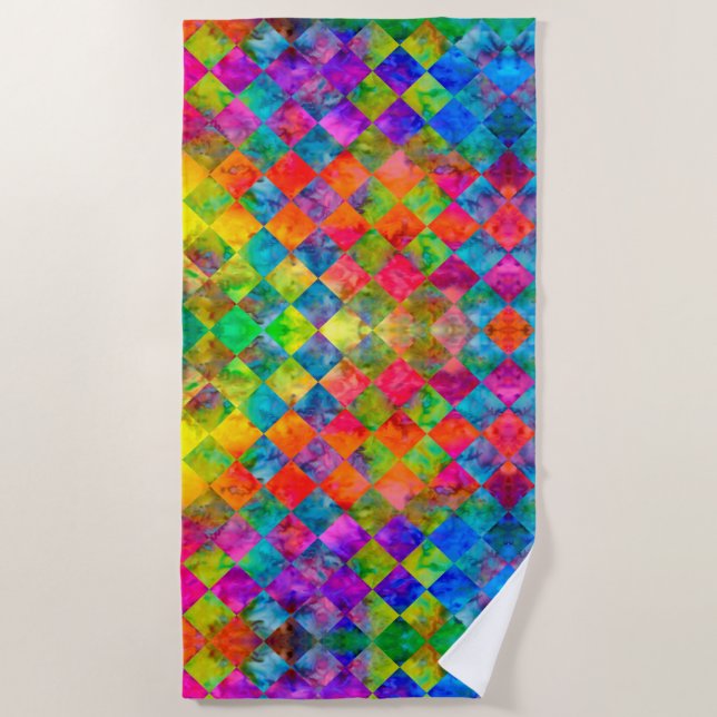 [Harlequin Tie-Dye] Diamond Fractal Checkered Beach Towel (Front)