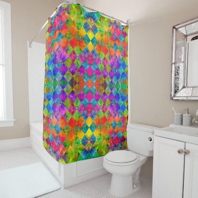 [Harlequin Tie-Dye] Diamond Fractal Checkered Shower Curtain (In Situ)