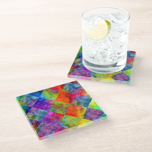 [Harlequin Tie-Dye] Diamond Fractal Chequered Glass Coaster (Angled)