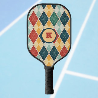 Harlequin Vintage Gold Red Green Monogram Argyle Pickleball Paddle