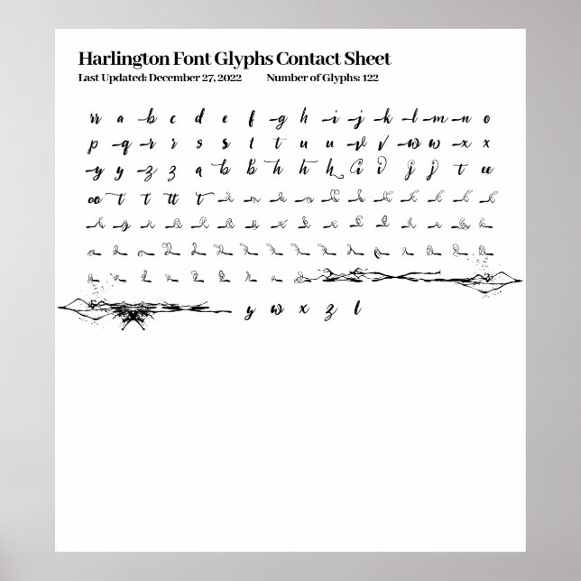Harlington Font Glyphs Contact Sheet Poster (Front)
